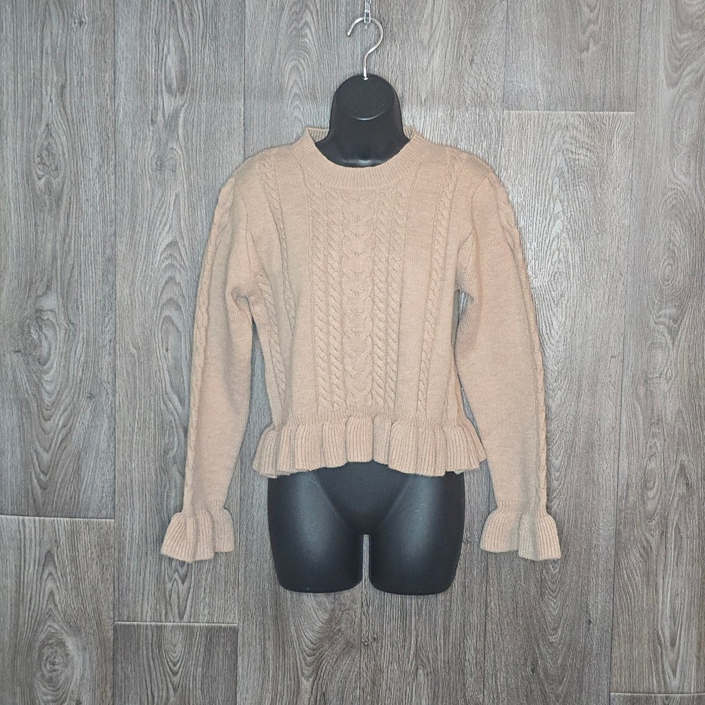 Grace+Emma Tan Ruffle Sweater Small Tan Womens Cable Knit Long Sleeve Pullover